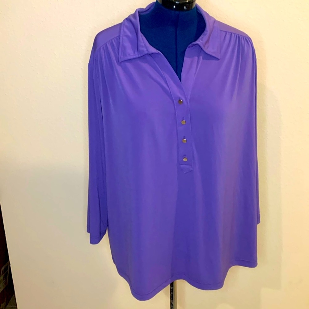 Shirt blouse, Covington woman, long sleeve collar 30.5” PTP 24–26W purple lilac